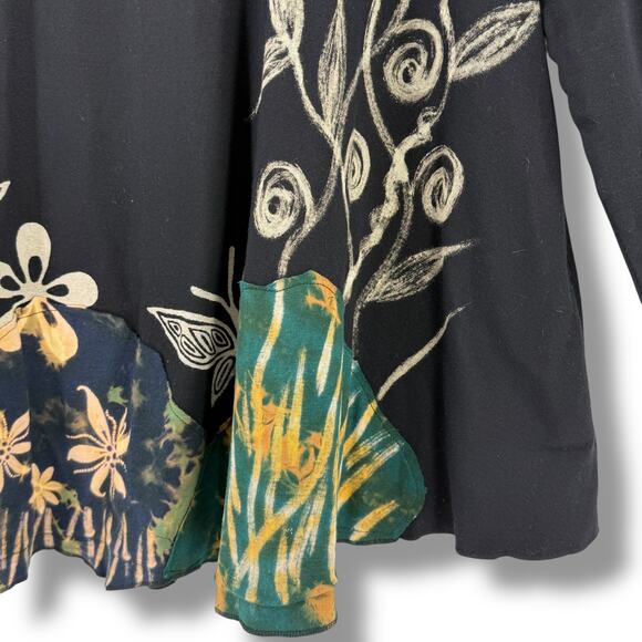 Sacred Threads Black Cotton Tunic Top Floral Butterfly Boho Artsy One Size - Picture 3 of 7
